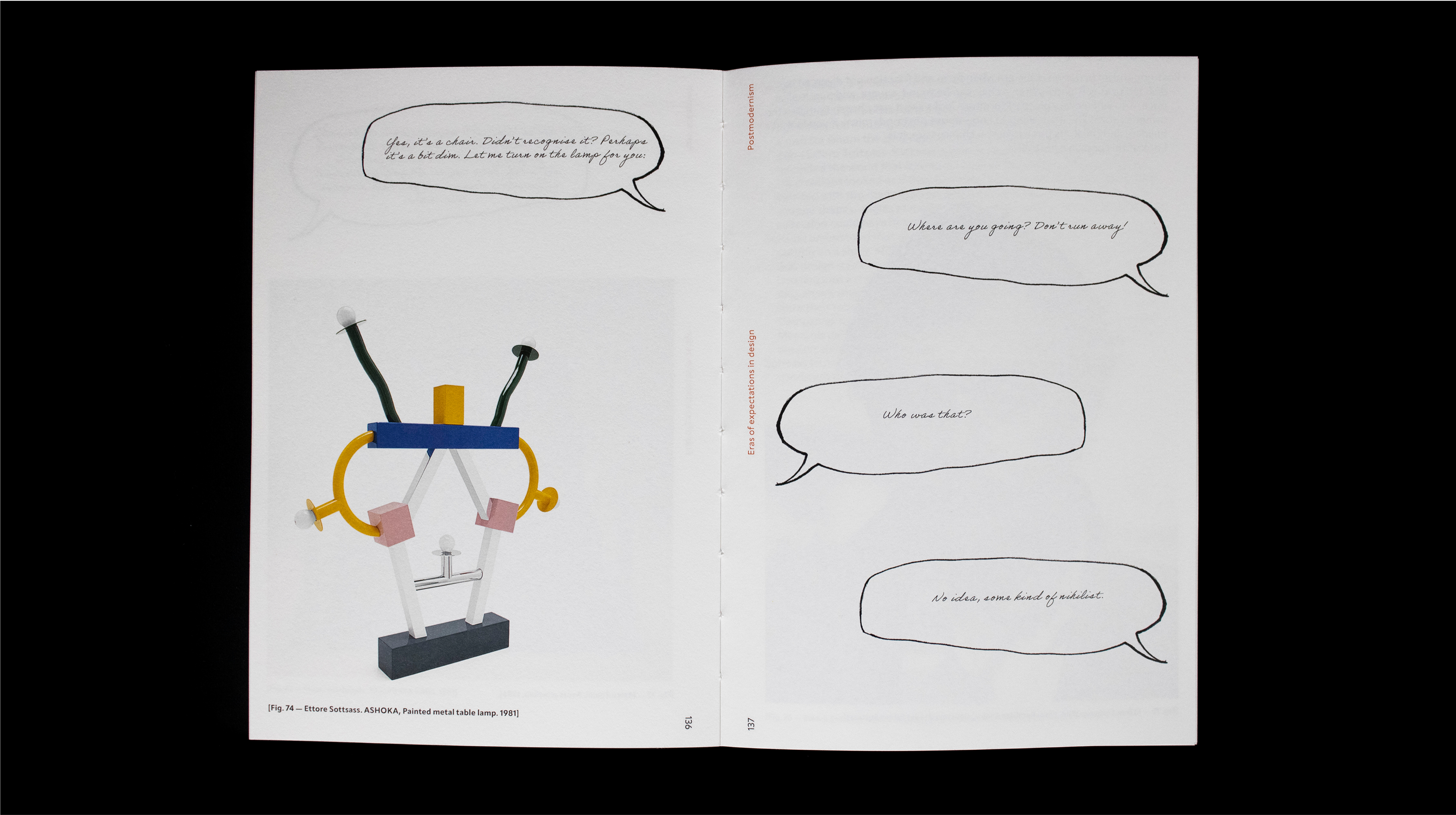 Book spread with abstract sculpture and comic-style speech bubbles