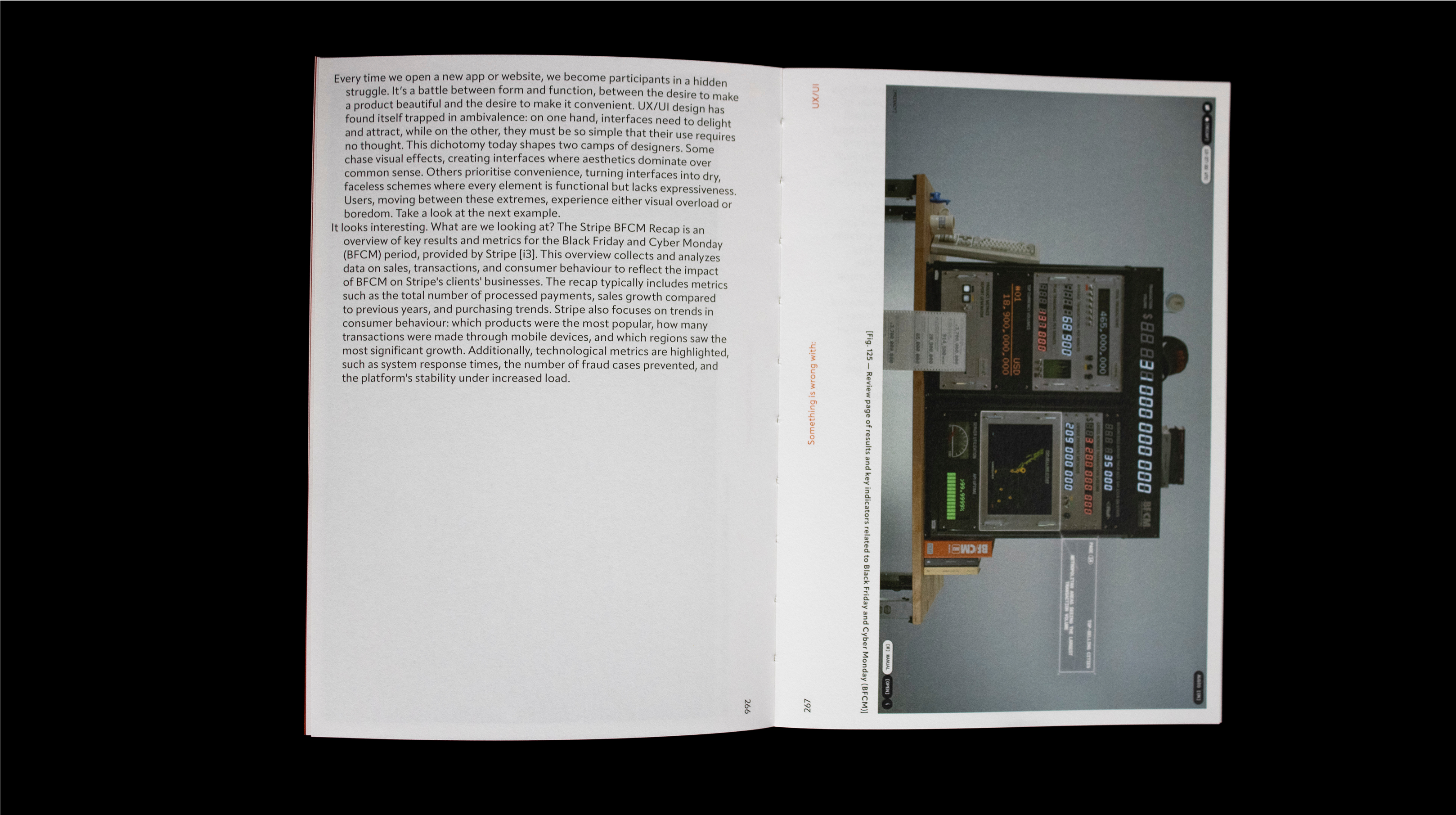 Book spread with UX-focused text and a screenshot of an interface