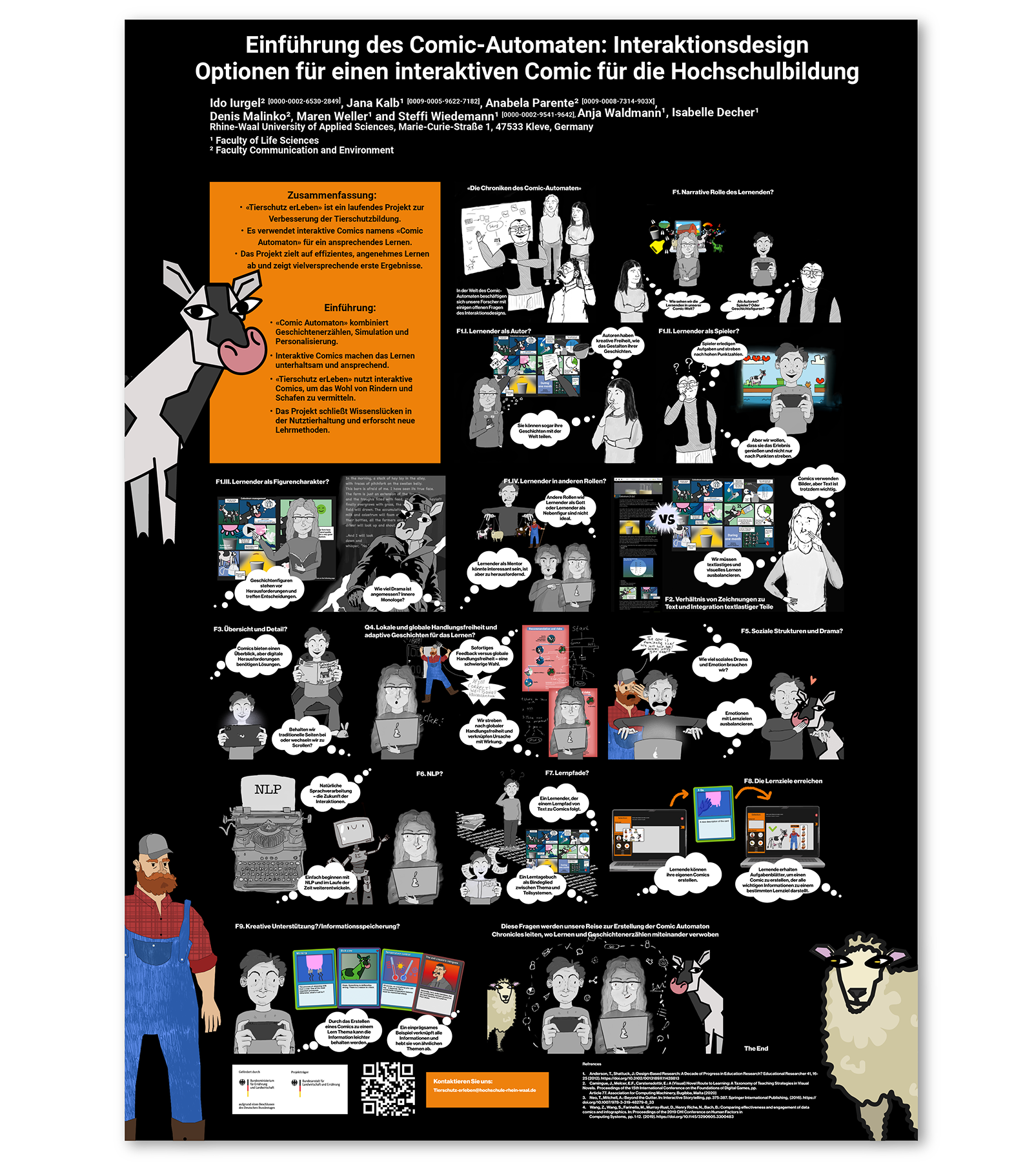 Comic-style academic poster on animal welfare education