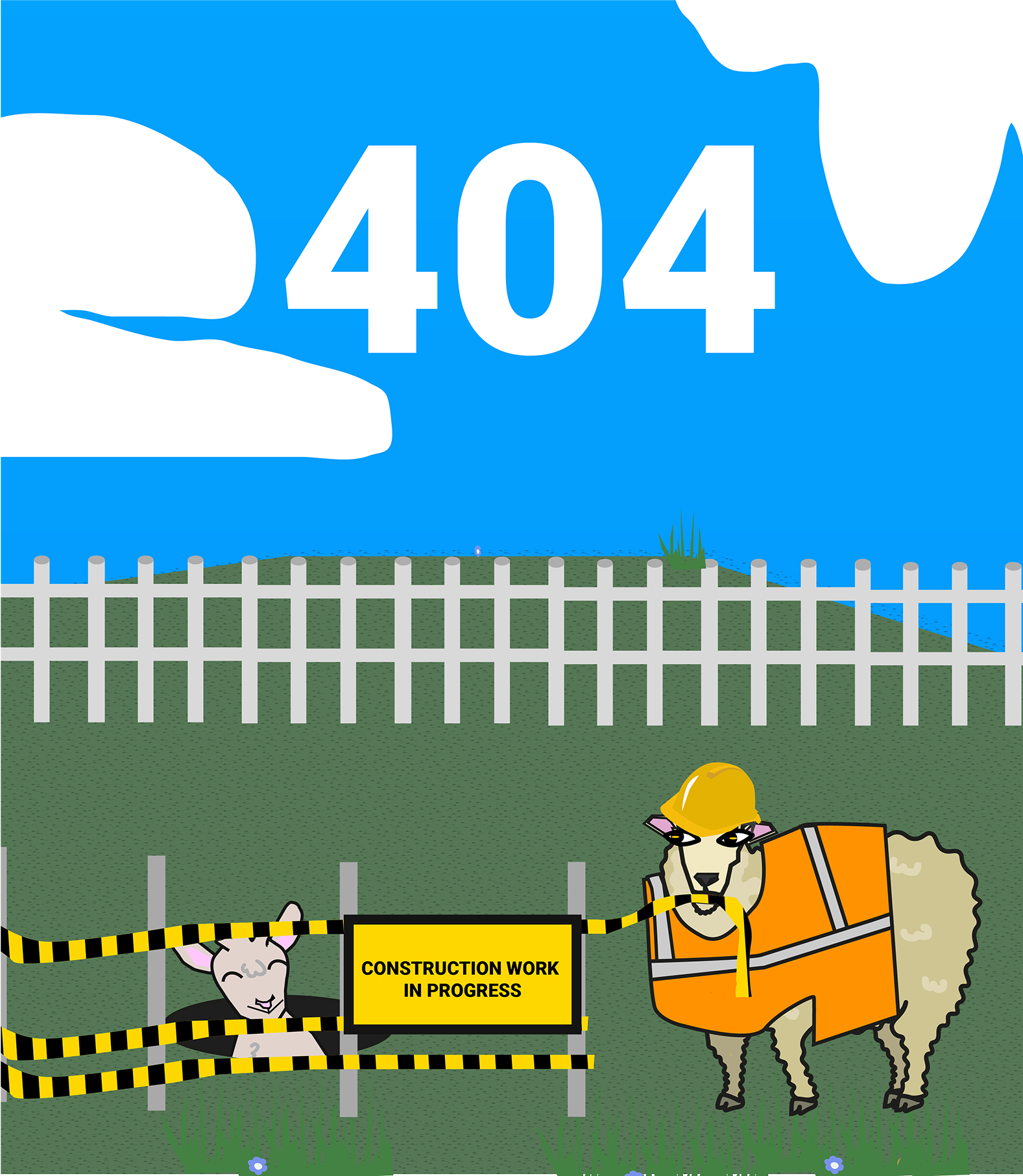 Construction-themed 404 error page with sheep in safety vest