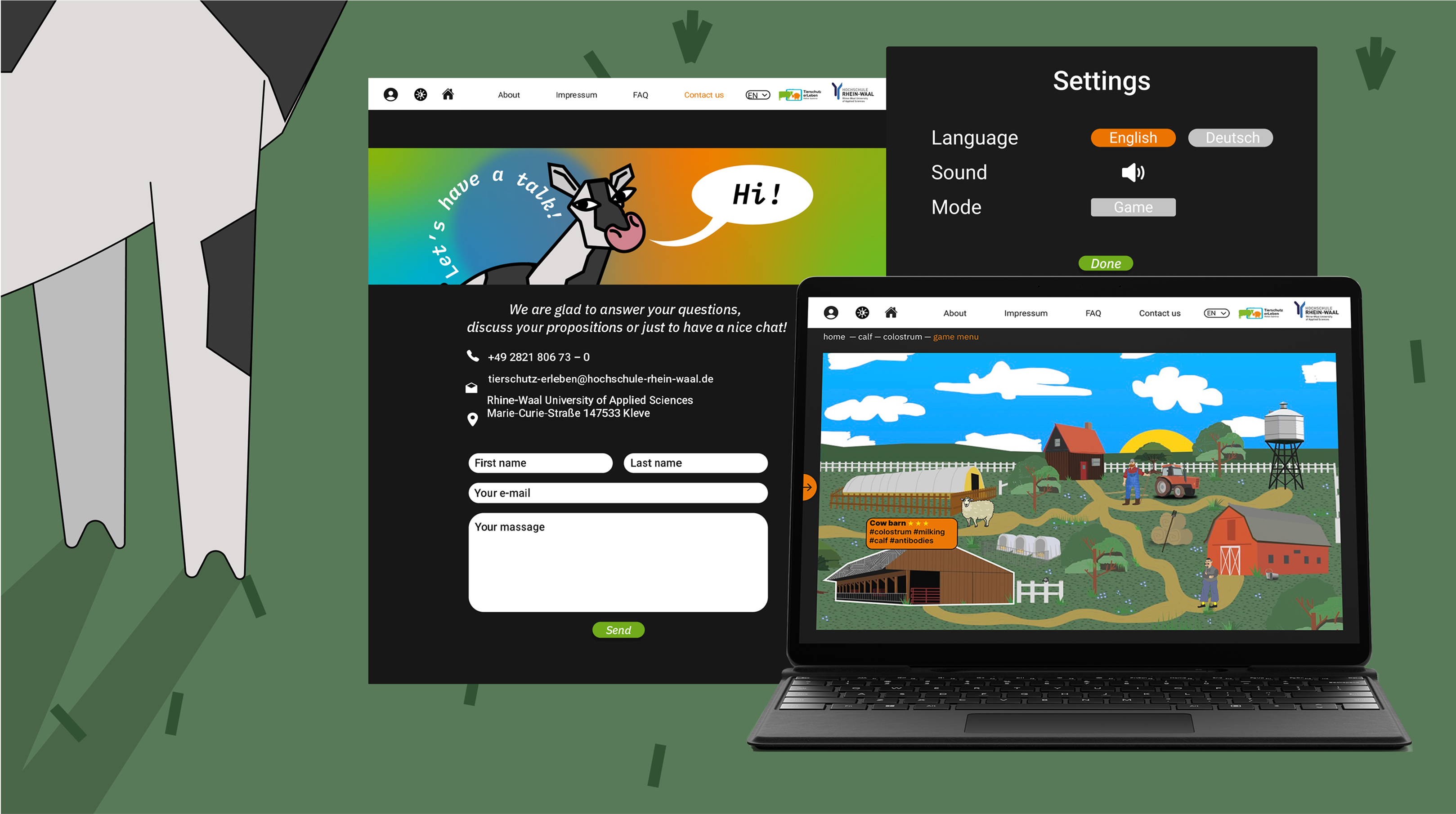 Interactive farm-themed portal showing contact form and animated settings interface on laptop