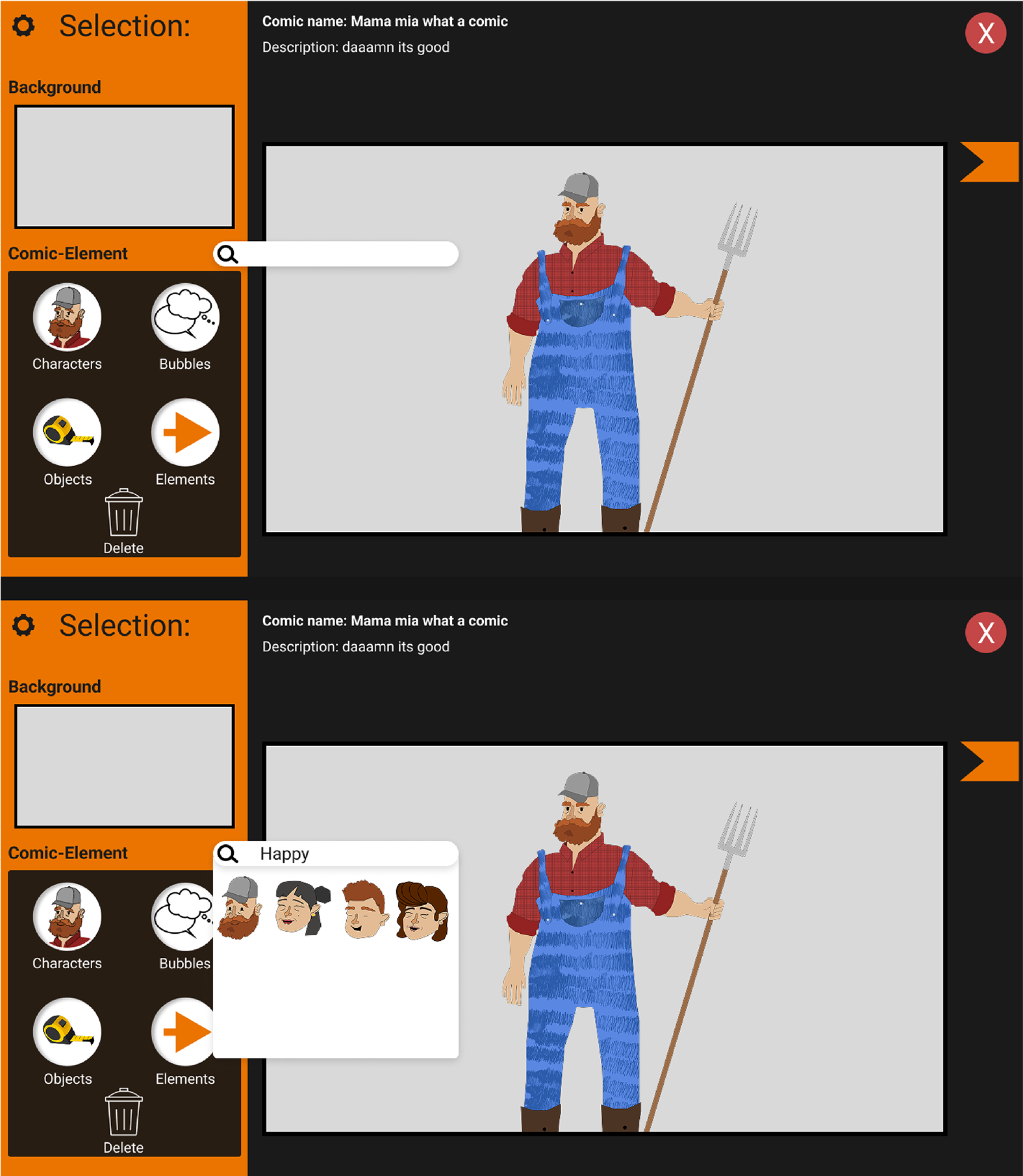 Comic builder interface with farmer character customization tools