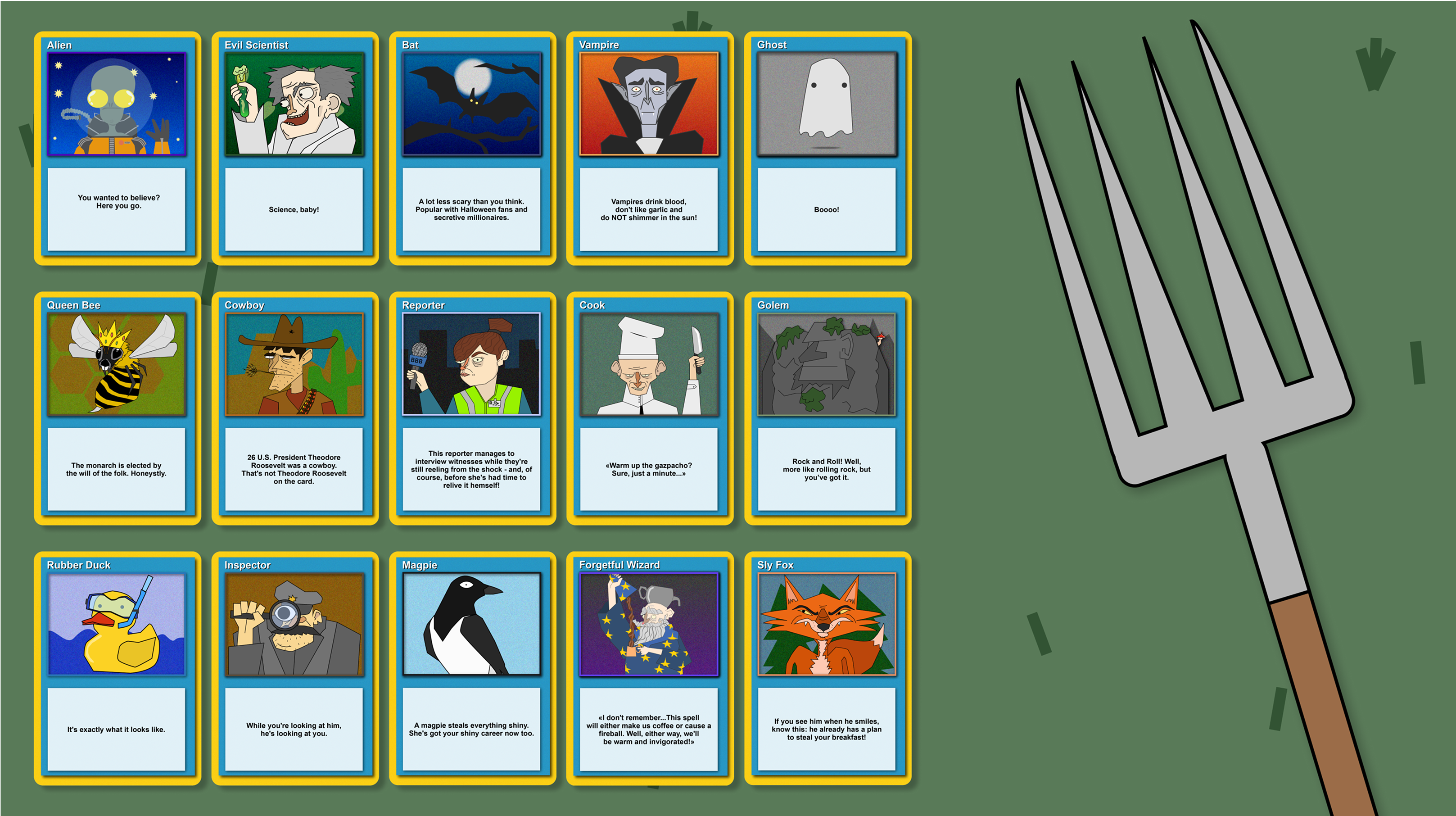 Grid of illustrated character trading cards on green background with pitchfork