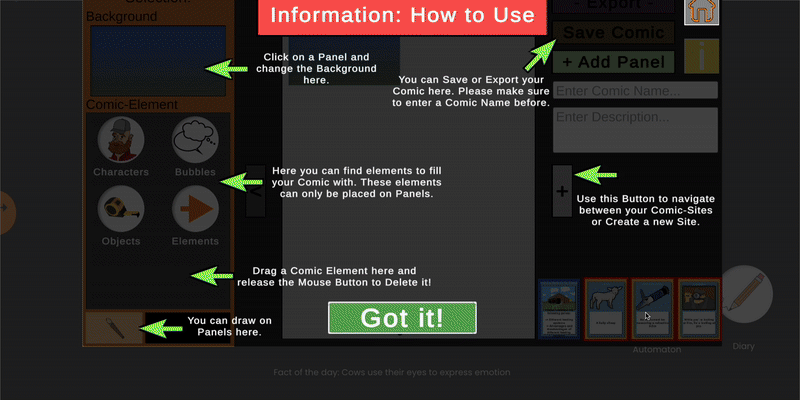 Animated comic builder shows object editing menu and panel arrangement