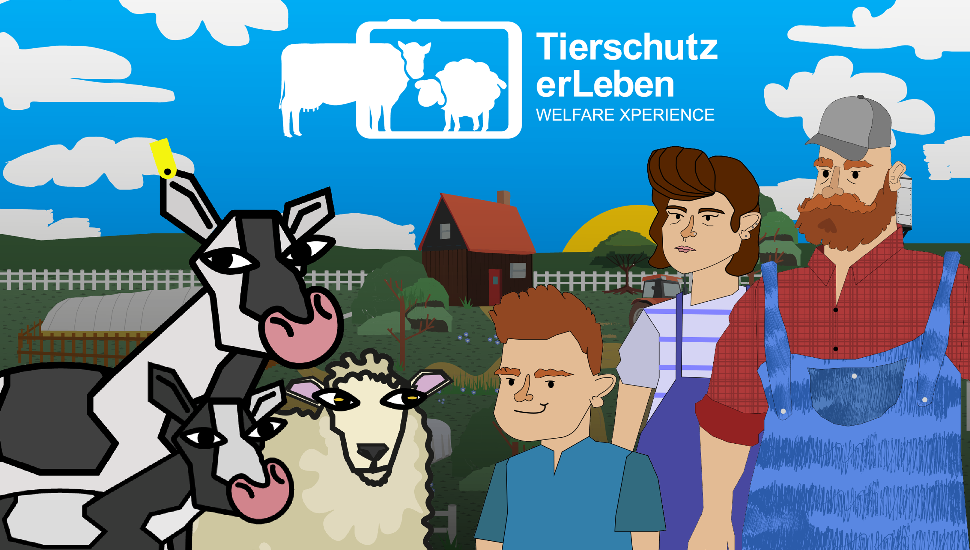 Illustrated group portrait with farmers and animals under Tierschutz erLeben banner