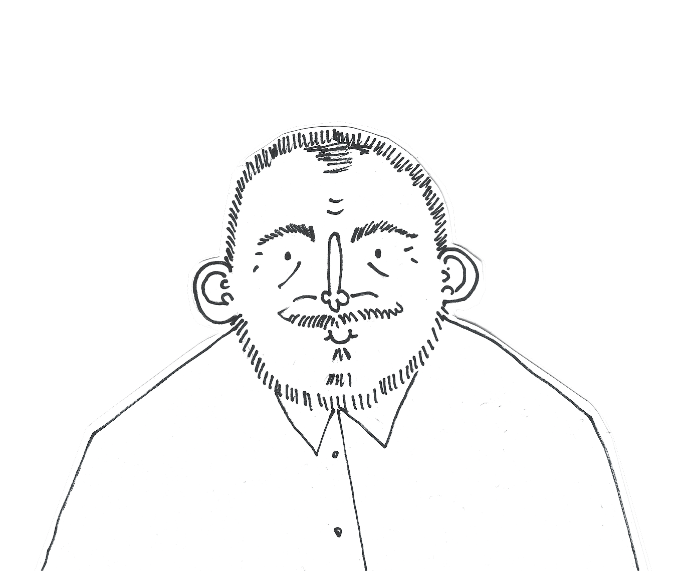 Black and white sketch of Denis Malinko with a beard, mustache, and collared shirt