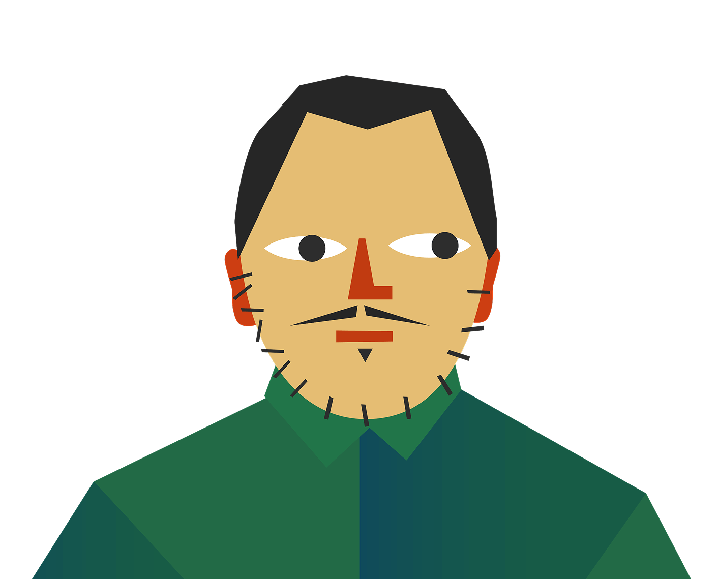 Geometric illustration of Denis Malinko with a green shirt and abstract facial features